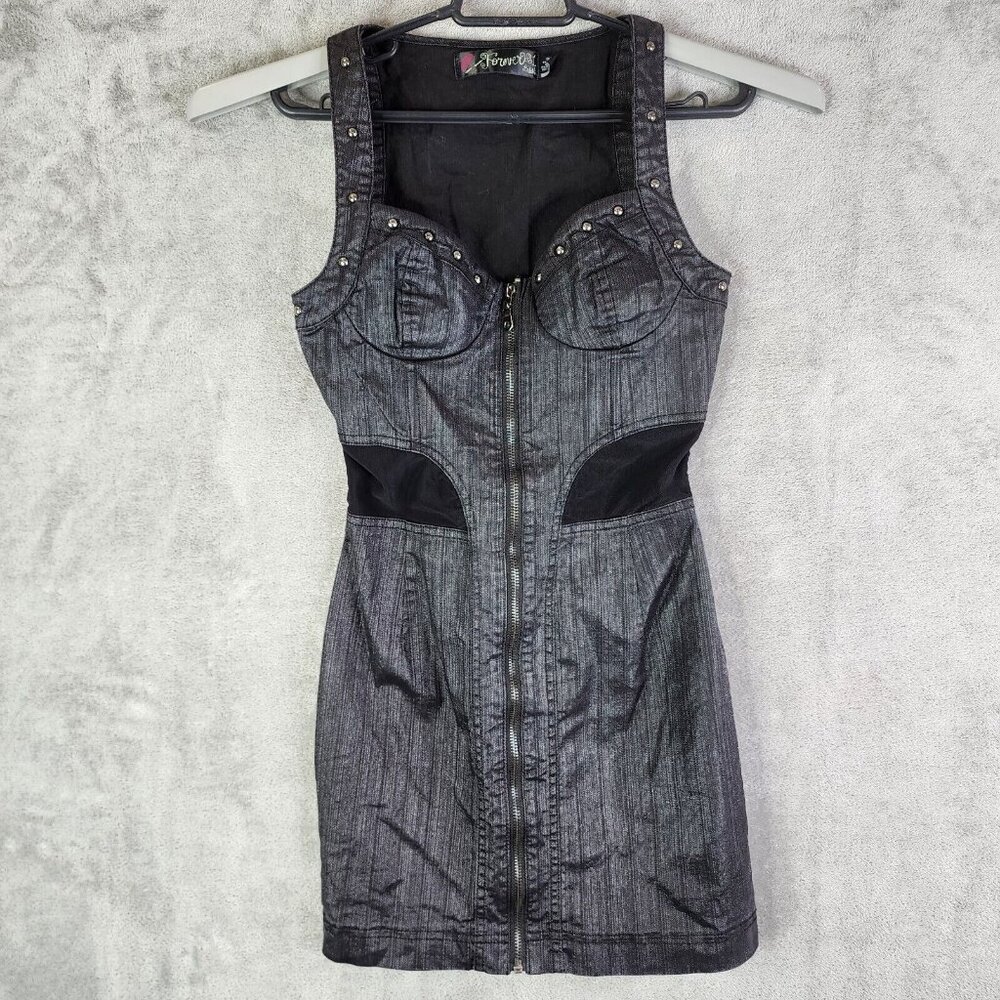 Womens Forever 21 Black Bodycon Dress Studded Sleeveless Full Front Zip Size S